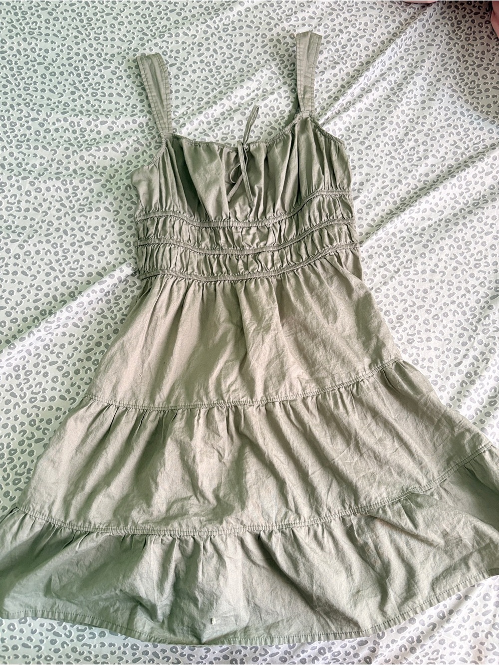 Sage Green Tiered Mini Dress — Sleeveless Smocked Bodice